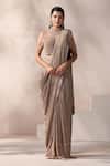 Buy_Chaashni by Maansi and Ketan_Gold Net, Georgette, Silk Pearls, Champagne Embellished Pre-draped Saree Set _at_Aza_Fashions