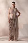 Chaashni by Maansi and Ketan_Gold Net, Georgette, Silk Pearls, Champagne Embellished Pre-draped Saree Set _at_Aza_Fashions