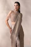 Buy_Chaashni by Maansi and Ketan_Gold Net, Georgette, Silk Pearls, Champagne Embellished Pre-draped Saree Set 