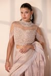Chaashni by Maansi and Ketan_Pink Net, Silk Sequins, Embroidery, Pearls High Designer Pre-draped Saree Set _at_Aza_Fashions