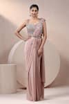Buy_Chaashni by Maansi and Ketan_Peach Net Sequins, Zari, Embroidery Sweetheart Designer Pre-draped Saree Set _at_Aza_Fashions