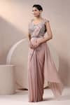 Buy_Chaashni by Maansi and Ketan_Peach Net Sequins, Zari, Embroidery Sweetheart Designer Pre-draped Saree Set _Online_at_Aza_Fashions