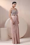 Shop_Chaashni by Maansi and Ketan_Peach Net Sequins, Zari, Embroidery Sweetheart Designer Pre-draped Saree Set _Online_at_Aza_Fashions
