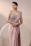 Chaashni by Maansi and Ketan_Peach Net Sequins, Zari, Embroidery Sweetheart Designer Pre-draped Saree Set _at_Aza_Fashions