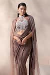 Buy_Chaashni by Maansi and Ketan_Brown Net, Lycra Sequins, Crystals, Mouse Embroidered Pre-draped Saree Set _Online_at_Aza_Fashions
