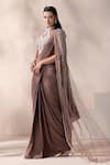 Shop_Chaashni by Maansi and Ketan_Brown Net, Lycra Sequins, Crystals, Mouse Embroidered Pre-draped Saree Set _Online_at_Aza_Fashions
