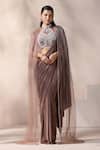 Buy_Chaashni by Maansi and Ketan_Brown Net, Lycra Sequins, Crystals, Mouse Embroidered Pre-draped Saree Set _at_Aza_Fashions