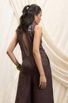 Akashi Clothing_Brown Linen Embroidery V-neck Designer Jumpsuit _Online_at_Aza_Fashions