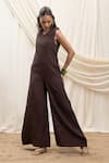 Buy_Akashi Clothing_Brown Linen Embroidery V-neck Designer Jumpsuit _at_Aza_Fashions