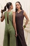 Buy_Akashi Clothing_Brown Linen Embroidery V-neck Designer Jumpsuit _Online_at_Aza_Fashions
