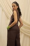Shop_Akashi Clothing_Brown Linen Embroidery V-neck Designer Jumpsuit _Online_at_Aza_Fashions