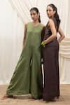 Akashi Clothing_Brown Linen Embroidery V-neck Designer Jumpsuit _at_Aza_Fashions
