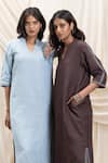 Akashi Clothing_Blue Linen Embroidery V-neck Designer Midi Dress _Online_at_Aza_Fashions