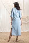 Shop_Akashi Clothing_Blue Linen Embroidery V-neck Designer Midi Dress _at_Aza_Fashions