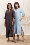 Shop_Akashi Clothing_Blue Linen Embroidery V-neck Designer Midi Dress _Online_at_Aza_Fashions