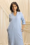 Akashi Clothing_Blue Linen Embroidery V-neck Designer Midi Dress _at_Aza_Fashions