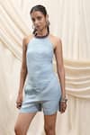 Buy_Akashi Clothing_Blue Linen Halter Neck Designer Top And Shorts Set _Online_at_Aza_Fashions