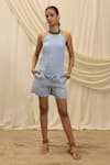 Buy_Akashi Clothing_Blue Linen Halter Neck Designer Top And Shorts Set _at_Aza_Fashions