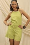 Akashi Clothing_Yellow Linen Embroidery Halter Neck Top And Shorts Set _Online_at_Aza_Fashions