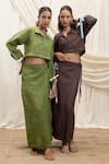 Shop_Akashi Clothing_Brown Linen Embroidery Collared Shirt And Skirt Set _Online_at_Aza_Fashions