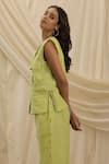 Buy_Akashi Clothing_Green Linen Electric Lime Vest And Pant Set _Online_at_Aza_Fashions