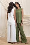 Shop_Akashi Clothing_Olive Green Linen Round Neck Top And Pant Set _Online_at_Aza_Fashions
