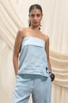 Akashi Clothing_Blue Linen Embroidery Bandeau Neck Tube Top And Pant Set _Online_at_Aza_Fashions