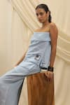 Buy_Akashi Clothing_Blue Linen Embroidery Bandeau Neck Tube Top And Pant Set 