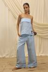 Akashi Clothing_Blue Linen Embroidery Bandeau Neck Tube Top And Pant Set _Online