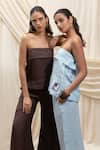 Akashi Clothing_Brown Linen Embroidery Bandeau Neck Tube Top And Pant Set _Online_at_Aza_Fashions
