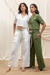 Shop_Akashi Clothing_Green Linen Embroidery Collared Olive Shirt And Pant Set _Online_at_Aza_Fashions