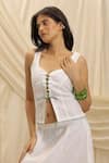 Akashi Clothing_White Linen Embroidery Round Neck Pearl Corset And Skirt Set _Online_at_Aza_Fashions