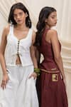 Buy_Akashi Clothing_White Linen Embroidery Round Neck Pearl Corset And Skirt Set _Online_at_Aza_Fashions