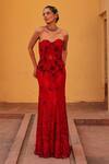 Buy_Label Moni K_Red Satin Embroidery Sweetheart Neck Corset Fishcut Skirt Set _at_Aza_Fashions