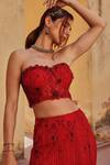 Label Moni K_Red Chanderi, Net Sequins, Beads, Embroidery Designer Fusion Lehenga Set _Online_at_Aza_Fashions