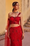 Buy_Label Moni K_Red Chanderi, Net Sequins, Beads, Embroidery Designer Fusion Lehenga Set _Online_at_Aza_Fashions