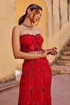 Buy_Label Moni K_Red Chanderi, Net Sequins, Beads, Embroidery Designer Fusion Lehenga Set 