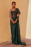 Label Moni K_Green Satin, Net Embroidery Sweetheart Neck Bottle Pre-draped Saree And Corset _Online_at_Aza_Fashions