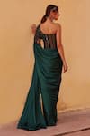 Shop_Label Moni K_Green Satin, Net Embroidery Sweetheart Neck Bottle Pre-draped Saree And Corset _at_Aza_Fashions