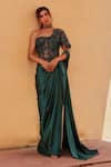 Buy_Label Moni K_Green Satin, Net Embroidery Sweetheart Neck Bottle Pre-draped Saree And Corset _at_Aza_Fashions