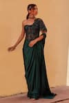 Buy_Label Moni K_Green Satin, Net Embroidery Sweetheart Neck Bottle Pre-draped Saree And Corset _Online_at_Aza_Fashions