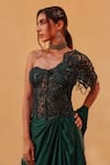 Shop_Label Moni K_Green Satin, Net Embroidery Sweetheart Neck Bottle Pre-draped Saree And Corset _Online_at_Aza_Fashions