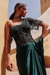 Buy_Label Moni K_Green Satin, Net Embroidery Sweetheart Neck Bottle Pre-draped Saree And Corset 