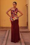Buy_Label Moni K_Wine Satin Applique One Shoulder Floral Embroidered Corset And Draped Skirt Set _at_Aza_Fashions