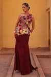 Label Moni K_Wine Satin Applique One Shoulder Floral Embroidered Corset And Draped Skirt Set _Online_at_Aza_Fashions