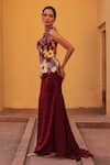 Buy_Label Moni K_Wine Satin Applique One Shoulder Floral Embroidered Corset And Draped Skirt Set _Online_at_Aza_Fashions