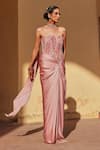 Buy_Label Moni K_Pink Satin, Chanderi Beads, Embroidery Corset Draped Skirt Set _Online_at_Aza_Fashions