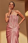 Label Moni K_Pink Satin, Chanderi Beads, Embroidery Corset Draped Skirt Set _at_Aza_Fashions