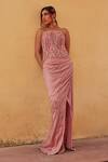 Label Moni K_Pink Chanderi, Net Sequins, Beads Bandeau Neck Draped Skirt And Corset Set _Online_at_Aza_Fashions