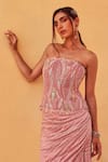 Buy_Label Moni K_Pink Chanderi, Net Sequins, Beads Bandeau Neck Draped Skirt And Corset Set _Online_at_Aza_Fashions